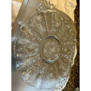 Fostoria Baroque Etched Chintz 10-1/4" Handled Cake Plate Platter Dish Glass